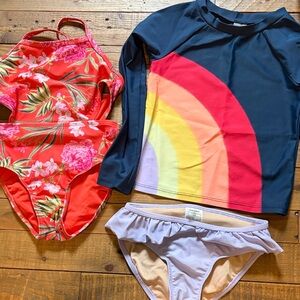 Old Navy Red Floral One Piece with Rainbow Rash Guard